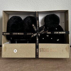 Steve Madden NWT in gift box Slippers and Hat Set Black